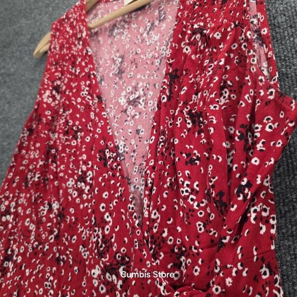 Universal Thread Wrap Dress Womens Large Red Floral Tie Waist Sleeveless V Neck - Picture 12 of 16